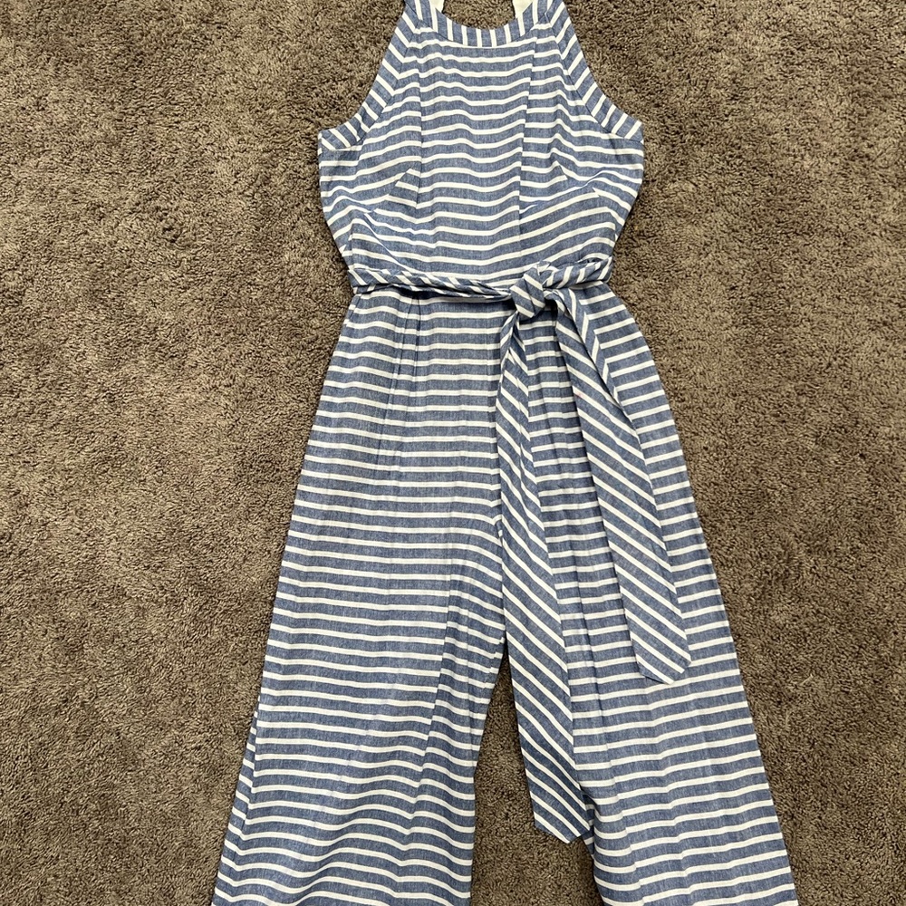 Light Blue and White Striped Sleeveless Jumpsuit
